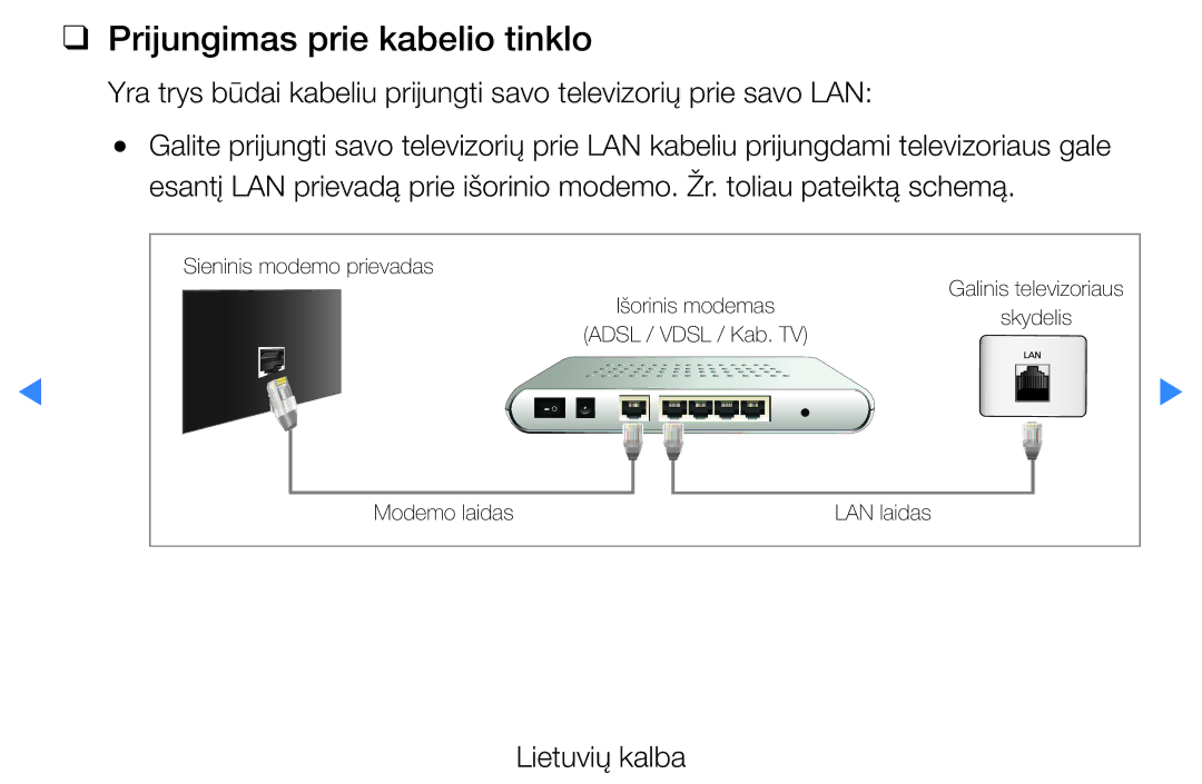 Samsung UE37D5500RWXXH, UE46D5500RWXXH, UE40D5500RWXXH, UE32D5500RWXXH, UE27D5000NWXBT manual Prijungimas prie kabelio tinklo 