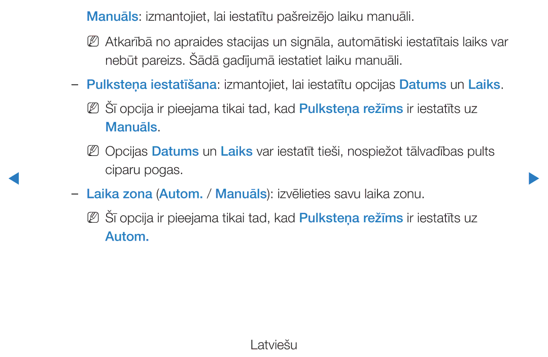 Samsung UE37D5500RWXXH, UE46D5500RWXXH, UE40D5500RWXXH Manuāls izmantojiet, lai iestatītu pašreizējo laiku manuāli, Autom 