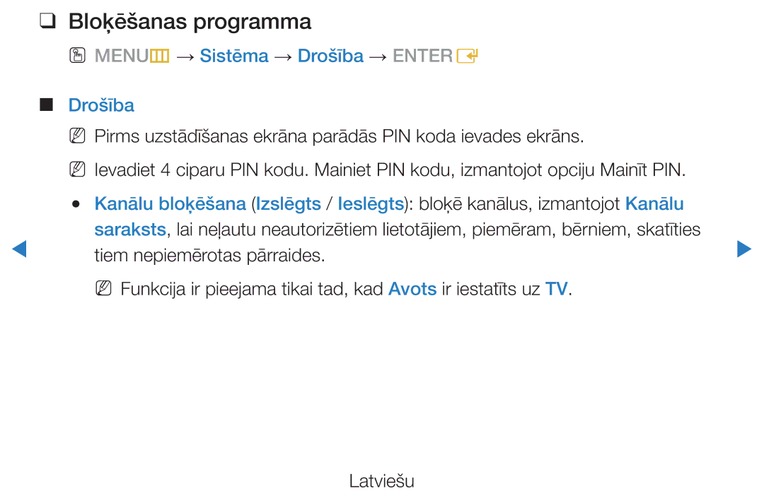 Samsung UE40D5500RWXXH, UE46D5500RWXXH, UE32D5500RWXXH manual Bloķēšanas programma, OO MENUm → Sistēma → Drošība → Entere 