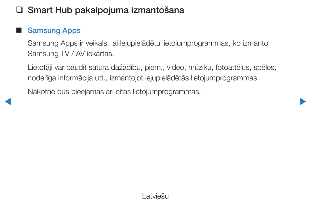 Samsung UE46D5500RWXXH, UE40D5500RWXXH, UE32D5500RWXXH, UE37D5500RWXXH manual Smart Hub pakalpojuma izmantošana, Samsung Apps 