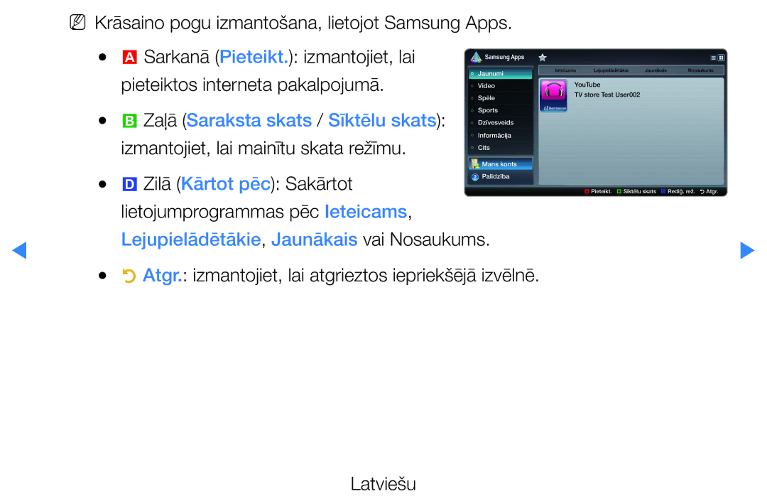 Samsung UE40D5500RWXXH manual NN Krāsaino pogu izmantošana, lietojot Samsung Apps, Lietojumprogrammas pēc Ieteicams 