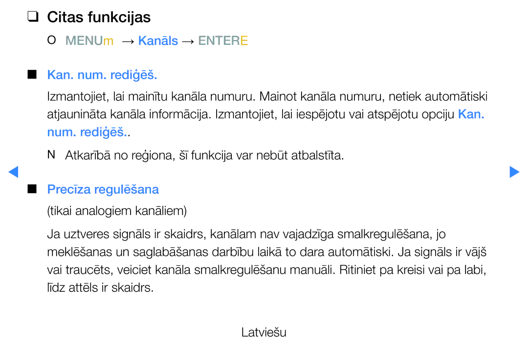 Samsung UE40D5500RWXXH, UE46D5500RWXXH, UE32D5500RWXXH manual Citas funkcijas, Kan. num. rediģēš, Precīza regulēšana 