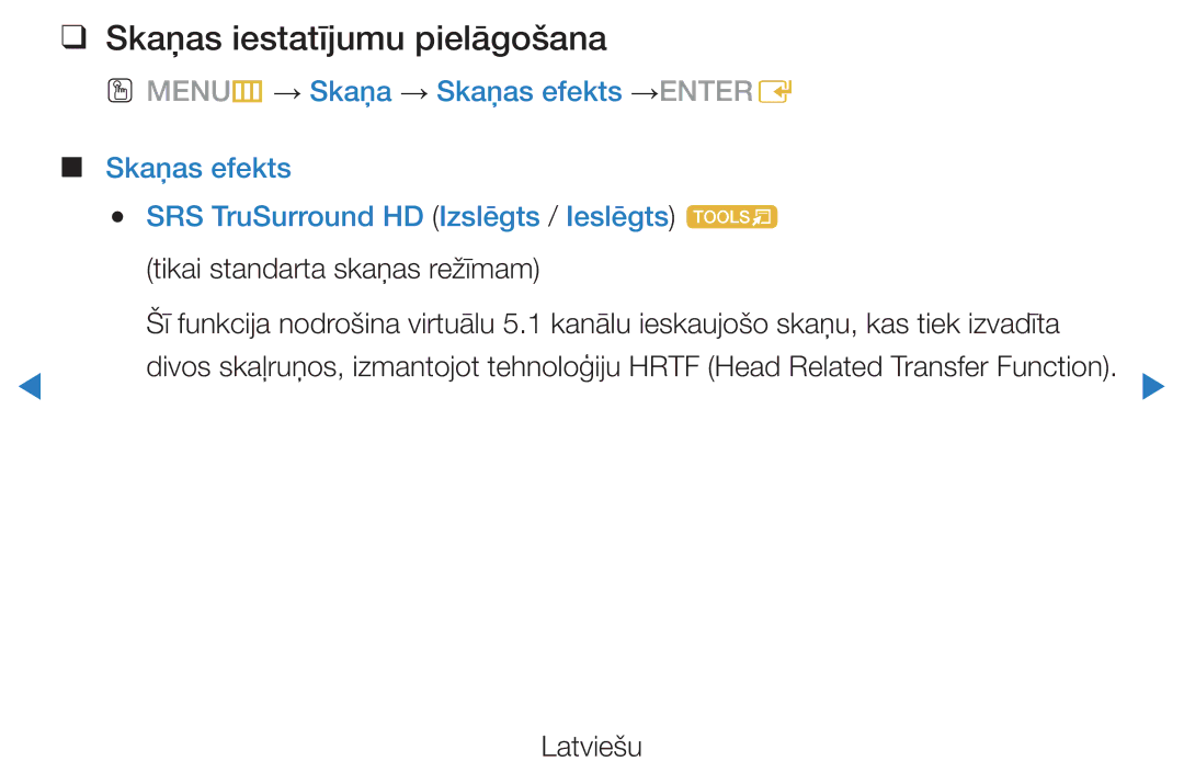 Samsung UE40D5500RWXXH, UE46D5500RWXXH, UE32D5500RWXXH manual Skaņas iestatījumu pielāgošana, Tikai standarta skaņas režīmam 