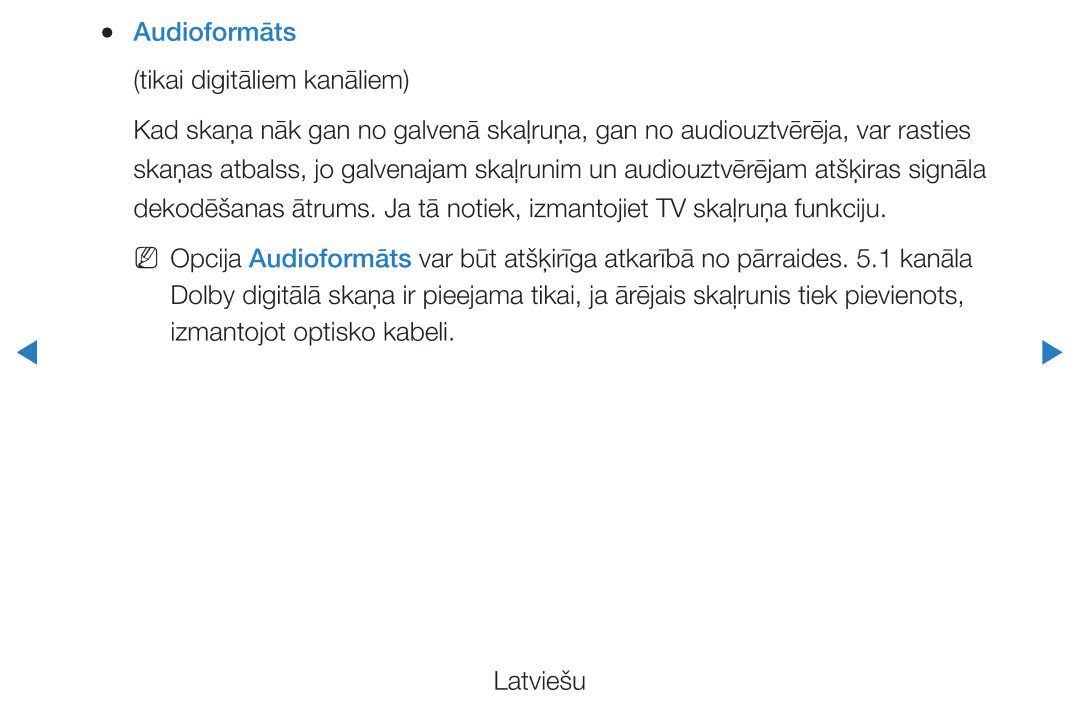 Samsung UE46D5500RWXXH, UE40D5500RWXXH, UE32D5500RWXXH, UE37D5500RWXXH manual Audioformāts, Tikai digitāliem kanāliem 