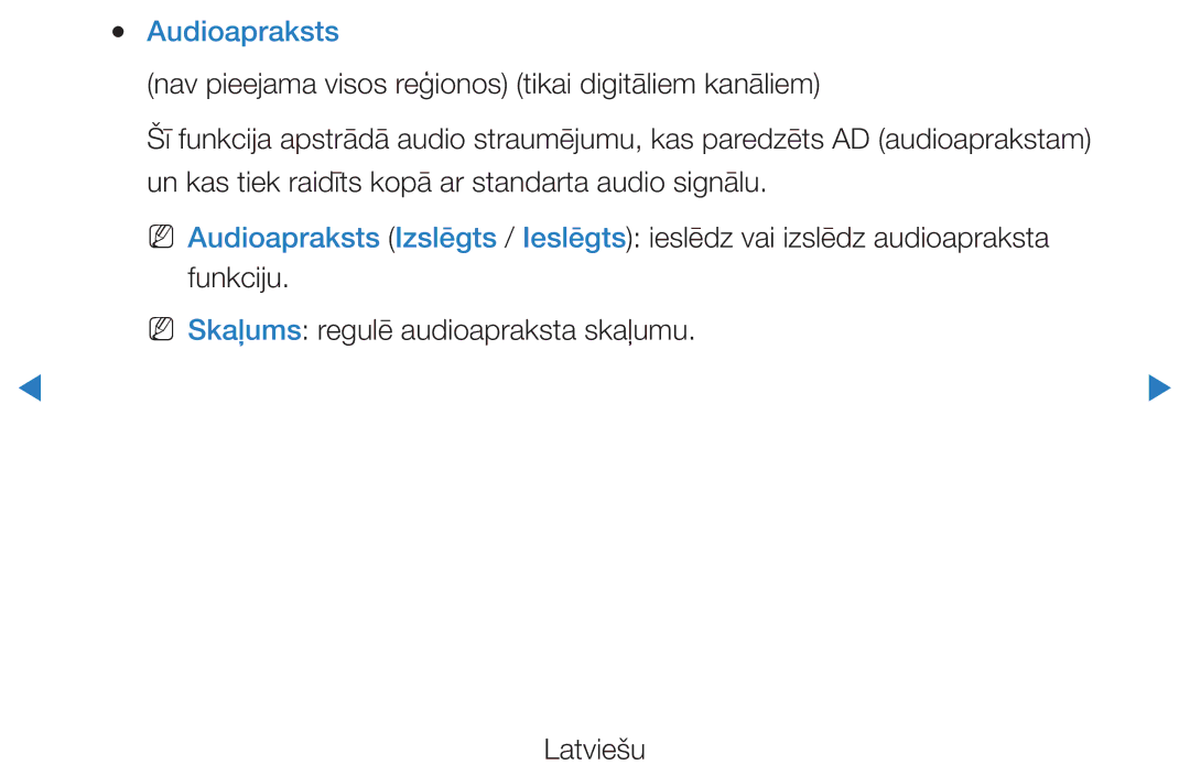 Samsung UE40D5500RWXXH, UE46D5500RWXXH, UE32D5500RWXXH manual Audioapraksts, NN Skaļums regulē audioapraksta skaļumu Latviešu 