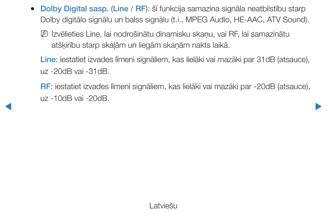 Samsung UE27D5000NWXBT, UE46D5500RWXXH, UE40D5500RWXXH, UE32D5500RWXXH manual Uz -20dB vai -31dB, Uz -10dB vai -20dB Latviešu 