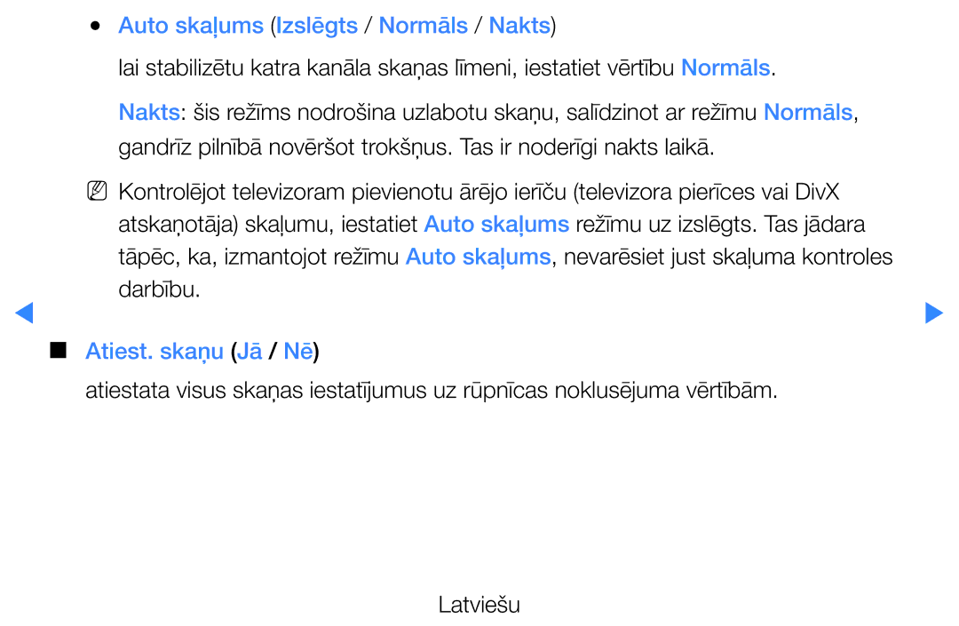 Samsung UE40D5500RWXXH, UE46D5500RWXXH manual Auto skaļums Izslēgts / Normāls / Nakts, Darbību, Atiest. skaņu Jā / Nē 