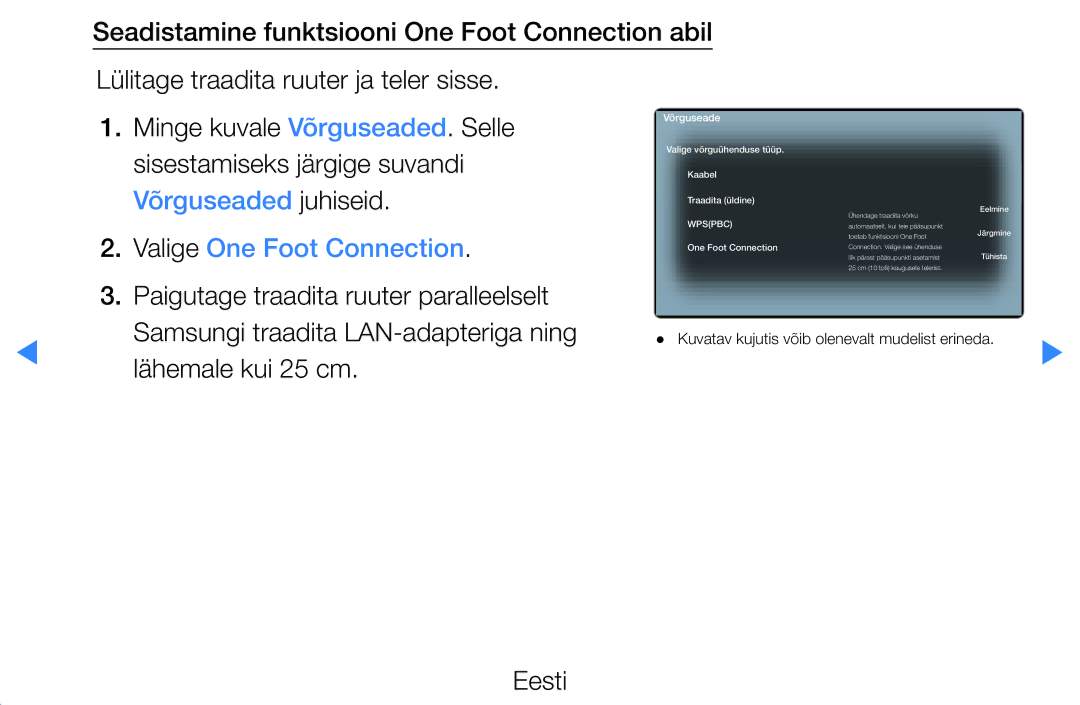 Samsung UE46D5500RWXXH, UE40D5500RWXXH, UE32D5500RWXXH Võrguseaded juhiseid, Valige One Foot Connection, Lähemale kui 25 cm 