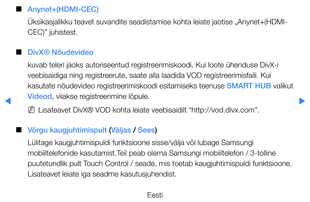 Samsung UE40D5500RWXXH, UE46D5500RWXXH manual Anynet+HDMI-CEC, DivX Nõudevideo, Võrgu kaugjuhtimispult Väljas / Sees 