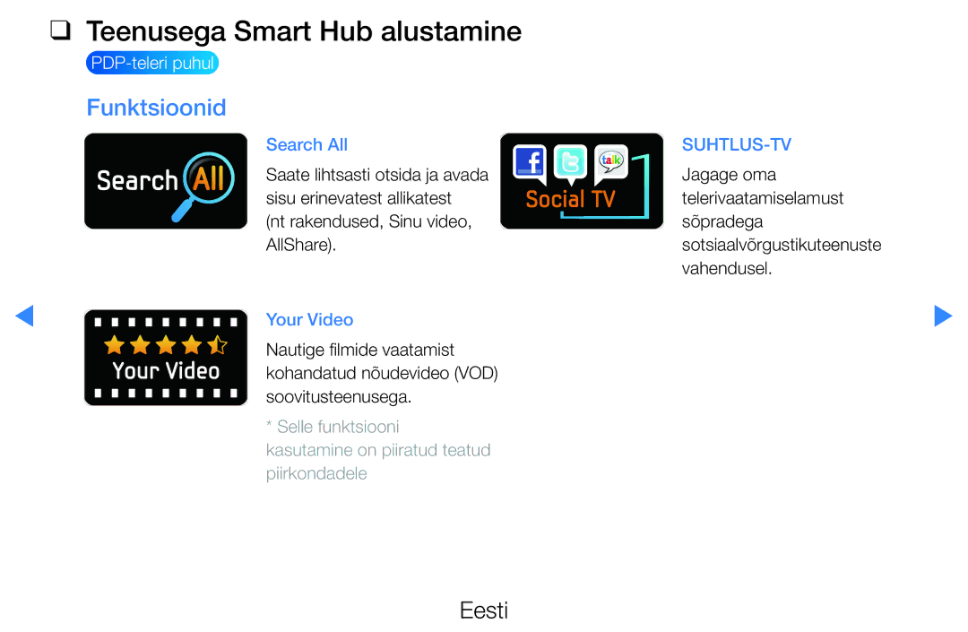 Samsung UE46D5500RWXXH, UE40D5500RWXXH, UE32D5500RWXXH, UE37D5500RWXXH manual Teenusega Smart Hub alustamine, Funktsioonid 