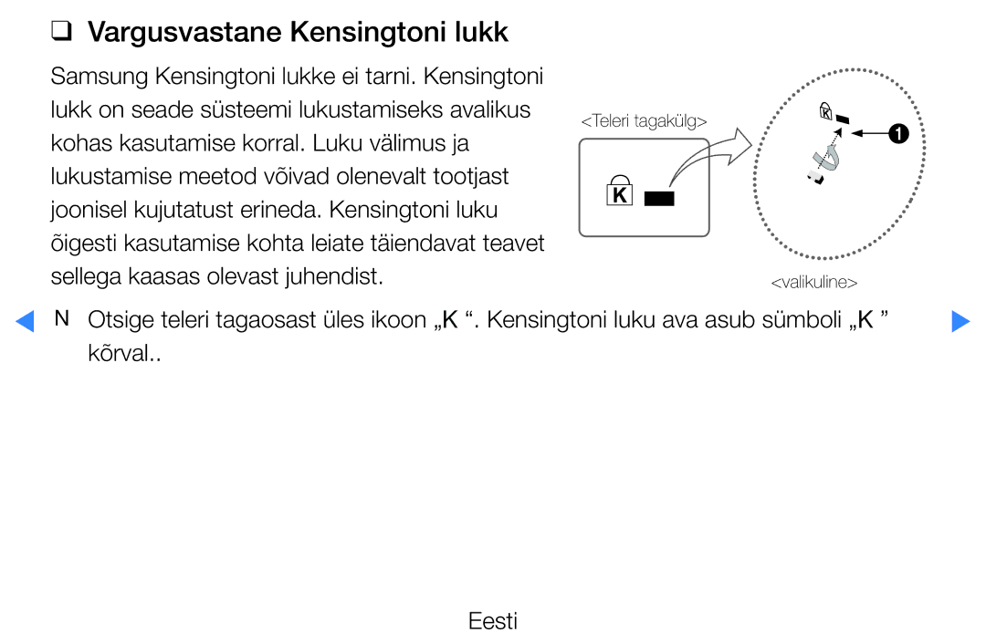 Samsung UE32D5500RWXXH, UE46D5500RWXXH, UE40D5500RWXXH, UE37D5500RWXXH, UE27D5000NWXBT manual Vargusvastane Kensingtoni lukk 