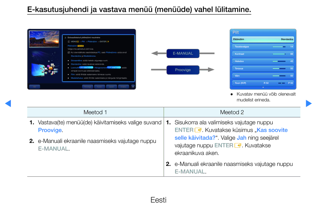 Samsung UE27D5000NWXBT Kasutusjuhendi ja vastava menüü menüüde vahel lülitamine, Eelseadistatud pildirežiimi muutmine 