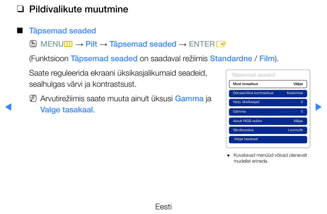 Samsung UE32D5500RWXXH Pildivalikute muutmine, Täpsemad seaded OO MENUm → Pilt → Täpsemad seaded → Entere, Valge tasakaal 