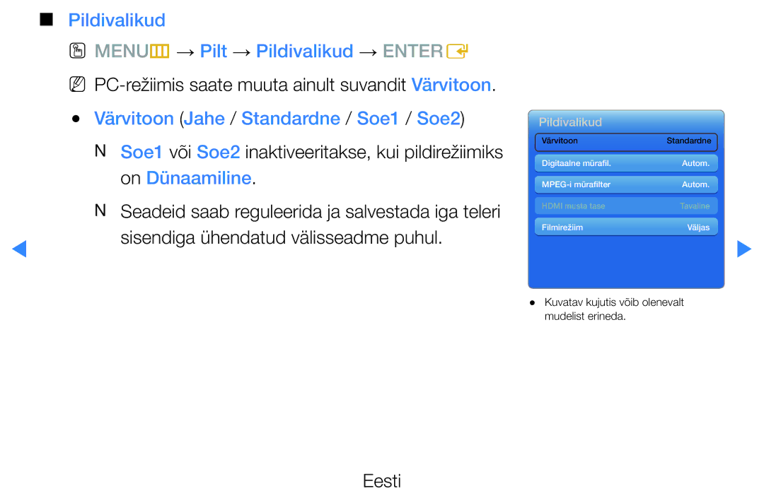 Samsung UE37D5500RWXXH manual OO MENUm → Pilt → Pildivalikud → Entere, Värvitoon Jahe / Standardne / Soe1 / Soe2 