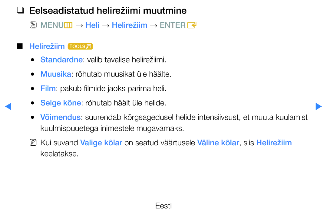 Samsung UE46D5500RWXXH manual Eelseadistatud helirežiimi muutmine, OO MENUm → Heli → Helirežiim → Entere Helirežiim t 