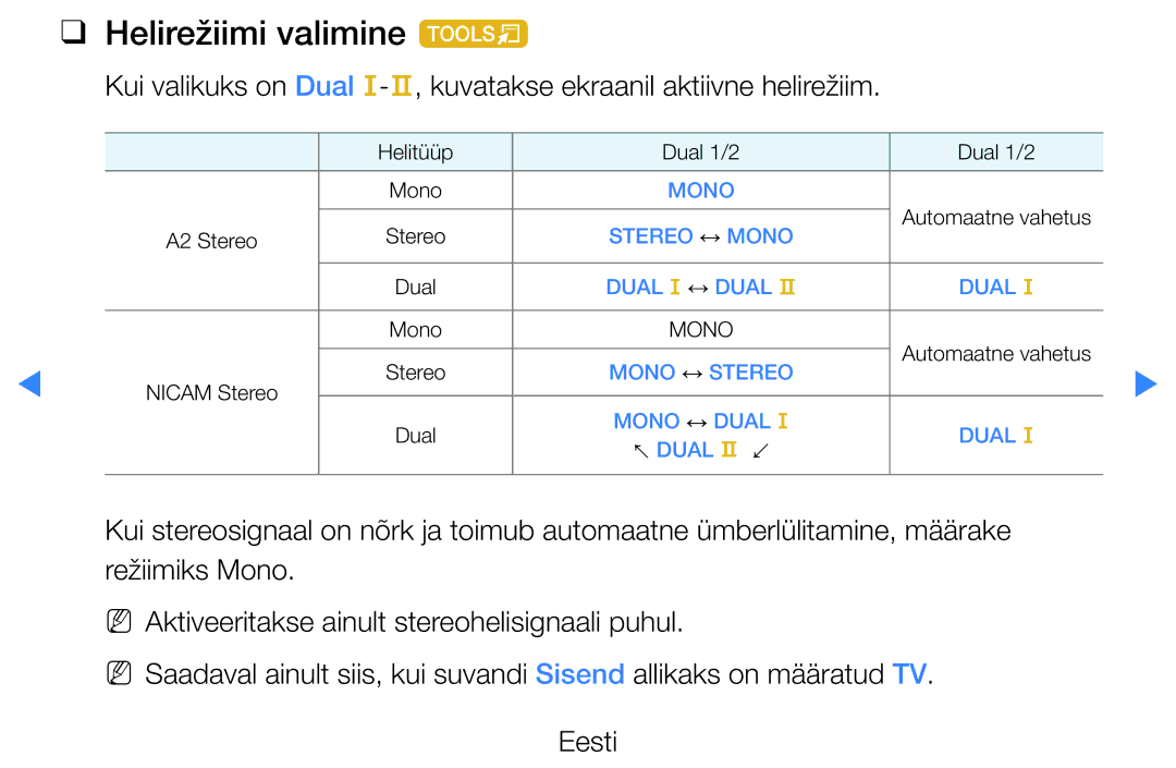 Samsung UE32D5500RWXXH, UE46D5500RWXXH, UE40D5500RWXXH, UE37D5500RWXXH, UE27D5000NWXBT manual Helirežiimi valimine t 