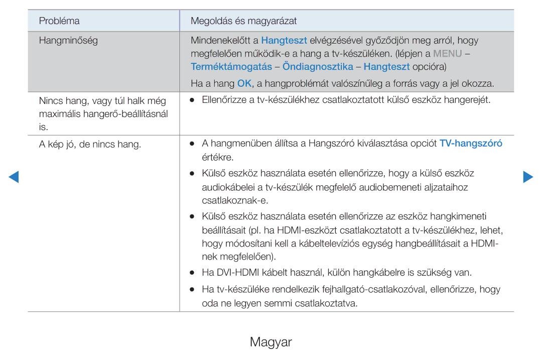 Samsung UE46D5520RKXXU, UE46D5500RWXXH, UE40D5500RWXXH, UE32D5720RSXZG manual Terméktámogatás Öndiagnosztika Hangteszt opcióra 