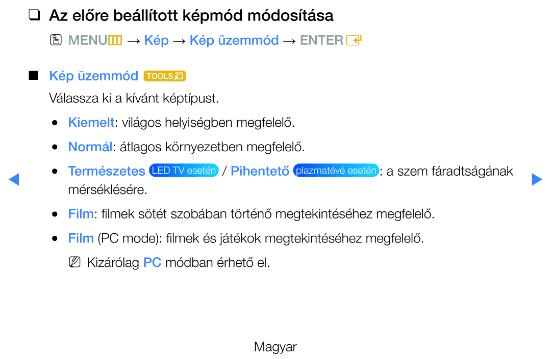 Samsung UE37D5720RSXZG manual Az előre beállított képmód módosítása, OO MENUm → Kép → Kép üzemmód → Entere Kép üzemmód t 