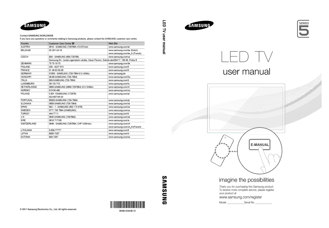 Samsung UE40D5500RWXXH, UE46D5500RWXXH, UE40D5520RWXXC, UE40D5500RWXXC, UE32D5500RWXXH manual Led Tv, BN68-03404E-01 