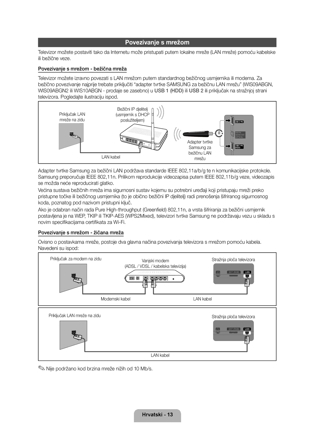 Samsung UE40D5500RWXXC, UE46D5500RWXXH manual Povezivanje s mrežom, Nije podržano kod brzina mreže nižih od 10 Mb/s 