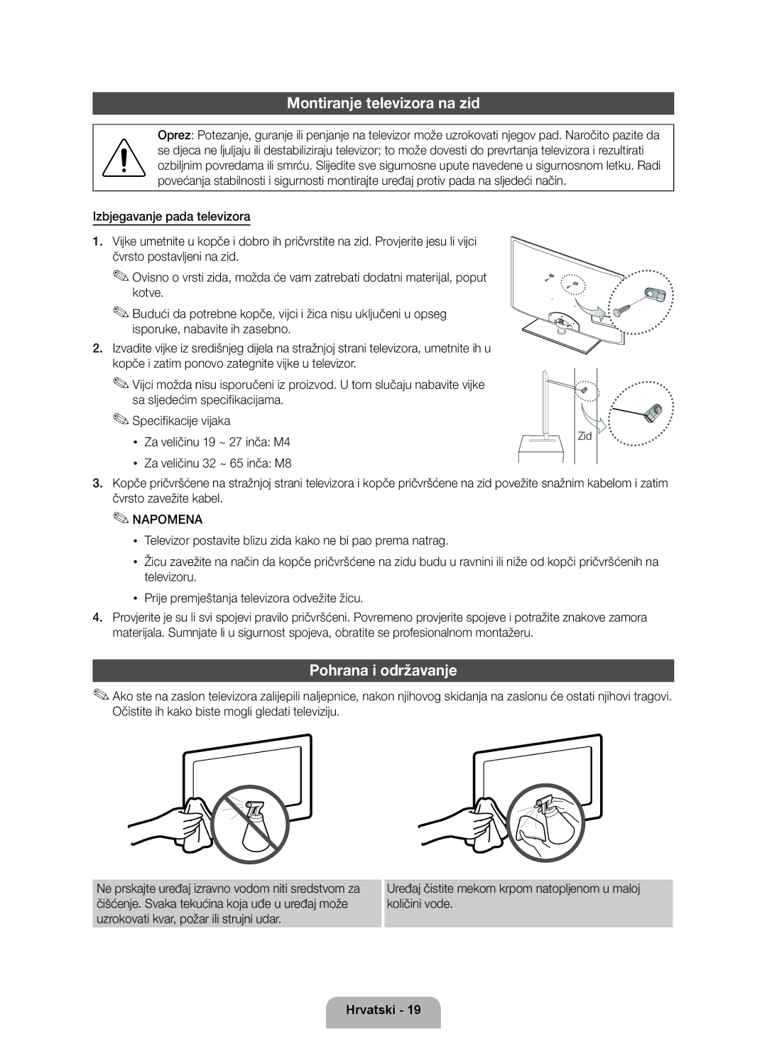 Samsung UE37D5520RWXXH, UE46D5500RWXXH, UE40D5500RWXXH manual Montiranje televizora na zid, Pohrana i održavanje, Zid 