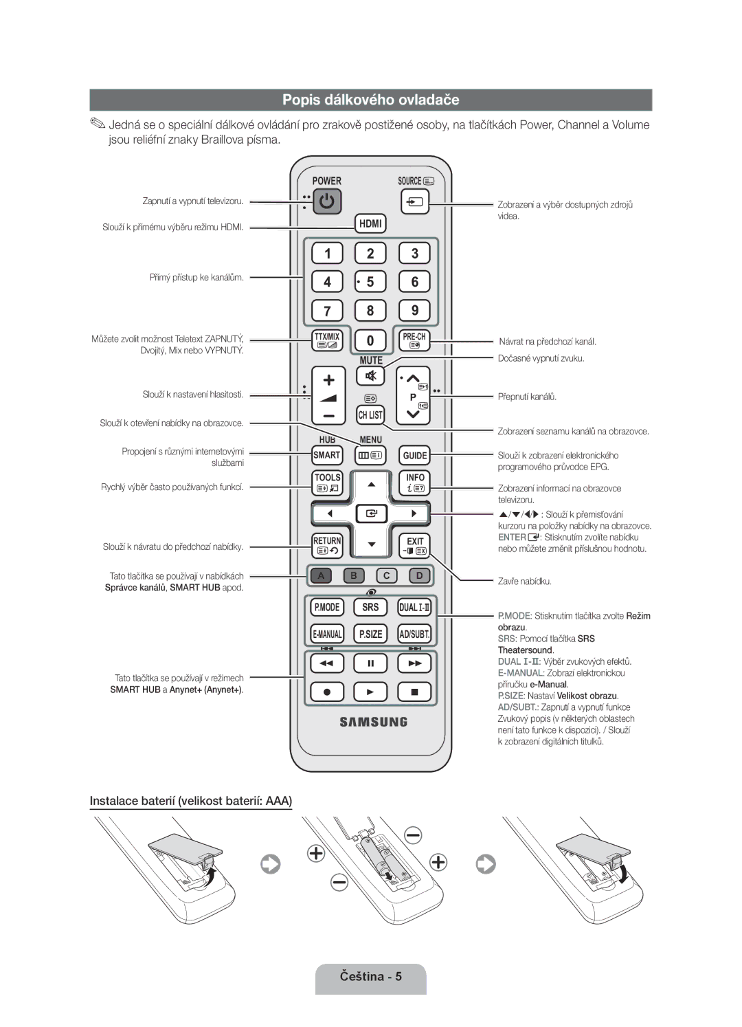 Samsung UE37D5500RWXXH, UE46D5500RWXXH, UE40D5500RWXXH Popis dálkového ovladače, Instalace baterií velikost baterií AAA 