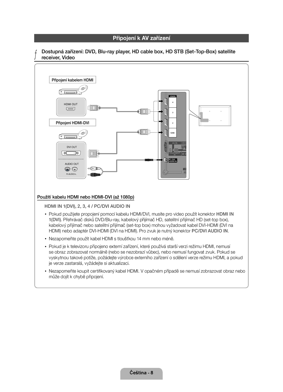 Samsung UE40D5520RWXXH manual Připojení k AV zařízení, Použití kabelu Hdmi nebo HDMI-DVI až 1080p, Připojení kabelem Hdmi 