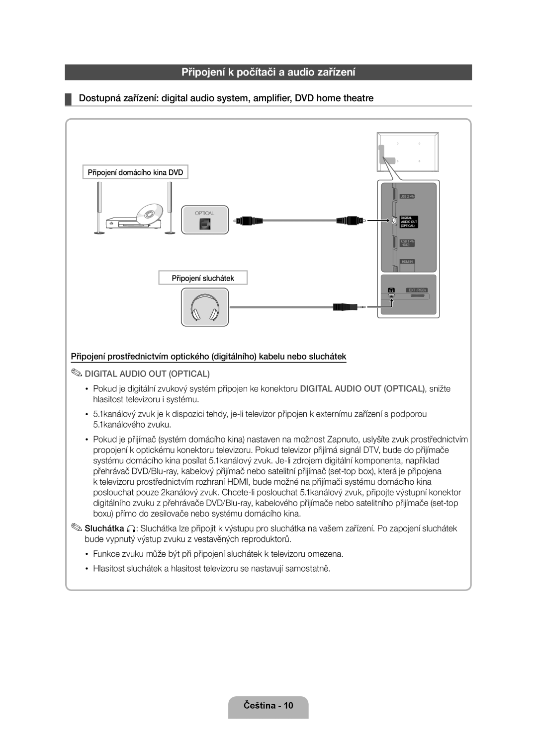 Samsung UE46D5500RWXXH manual Připojení k počítači a audio zařízení, Připojení domácího kina DVD, Připojení sluchátek 