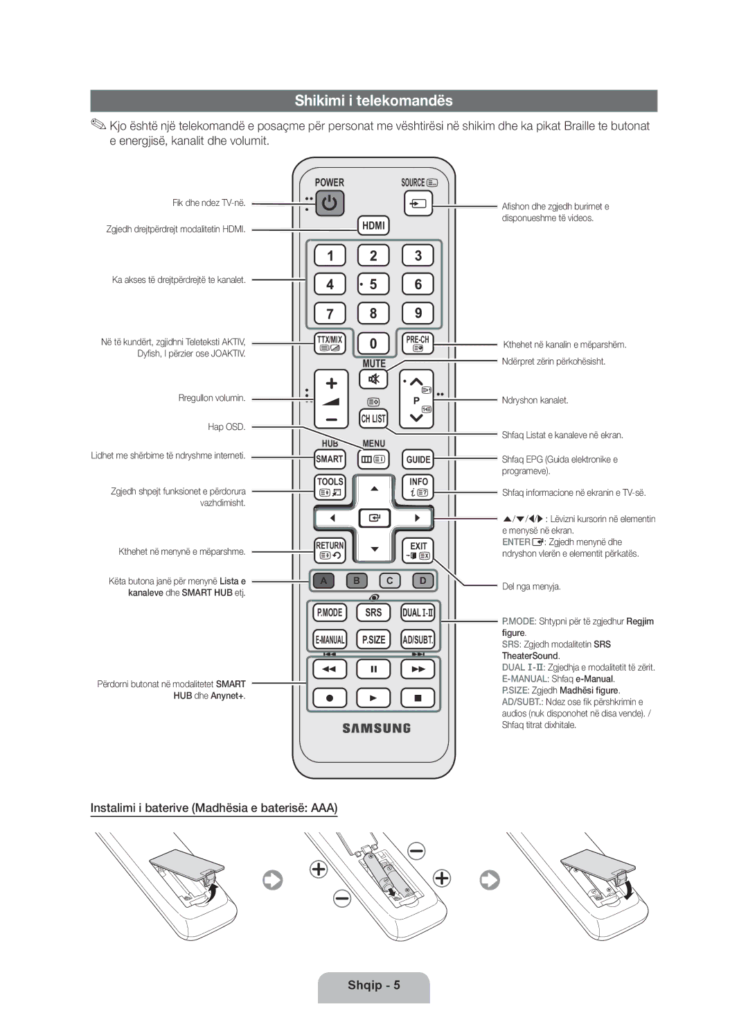 Samsung UE37D5500RWXXH, UE46D5500RWXXH, UE40D5500RWXXH Shikimi i telekomandës, Instalimi i baterive Madhësia e baterisë AAA 