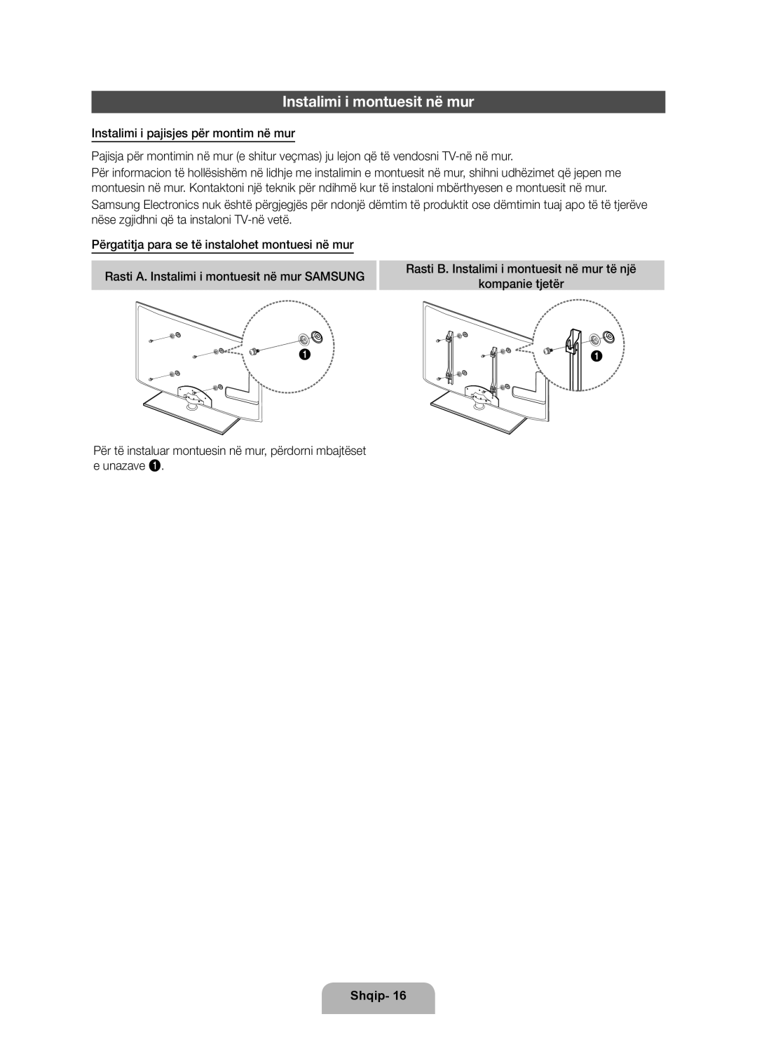 Samsung UE32D5520RWXXH, UE46D5500RWXXH, UE40D5500RWXXH, UE40D5520RWXXC, UE40D5500RWXXC manual Instalimi i montuesit në mur 