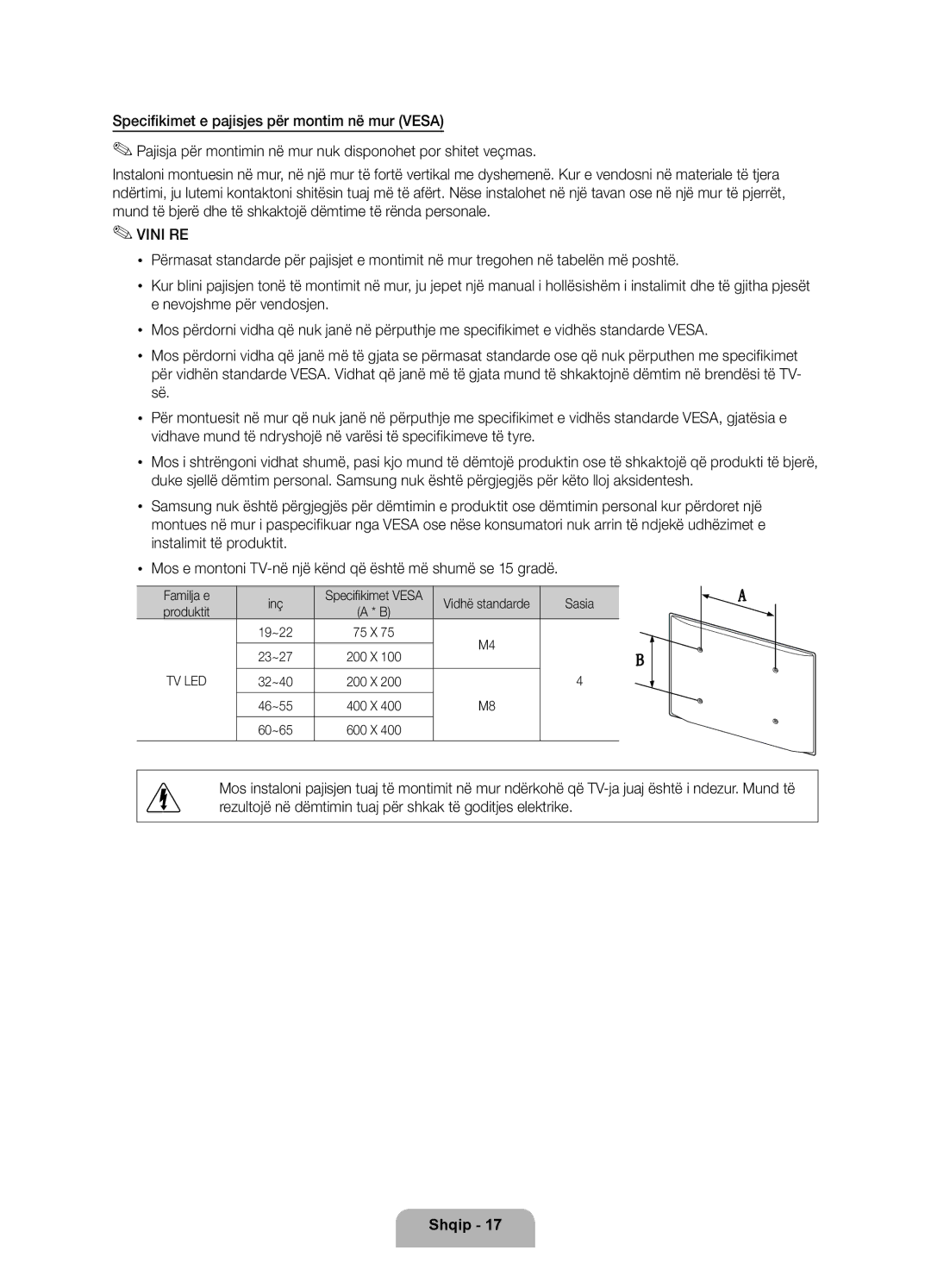 Samsung UE46D5520RWXXH manual Familja e Inç, Sasia, Specifikimet Vesa Vidhë standarde, Produktit 19~22 75 X 23~27 200 X 