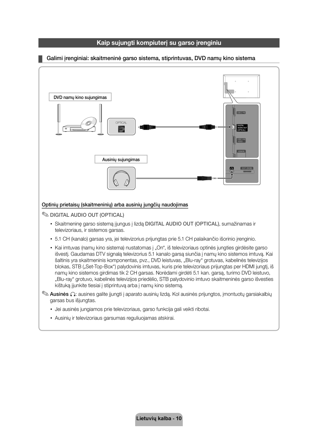 Samsung UE46D5500RWXXH manual Kaip sujungti kompiuterį su garso įrenginiu, DVD namų kino sujungimas, Ausinių sujungimas 