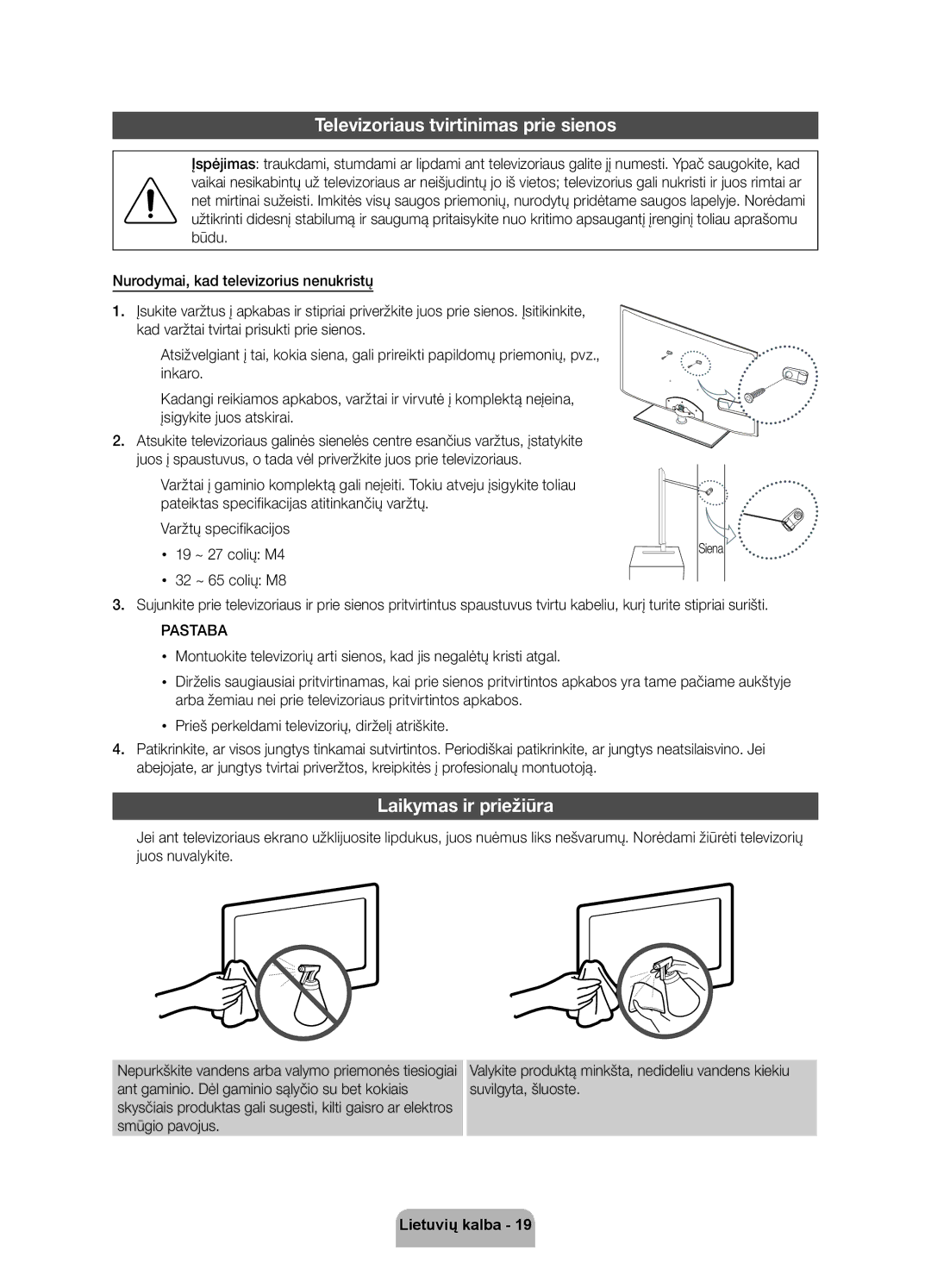 Samsung UE37D5520RWXXH, UE46D5500RWXXH, UE40D5500RWXXH manual Televizoriaus tvirtinimas prie sienos, Laikymas ir priežiūra 