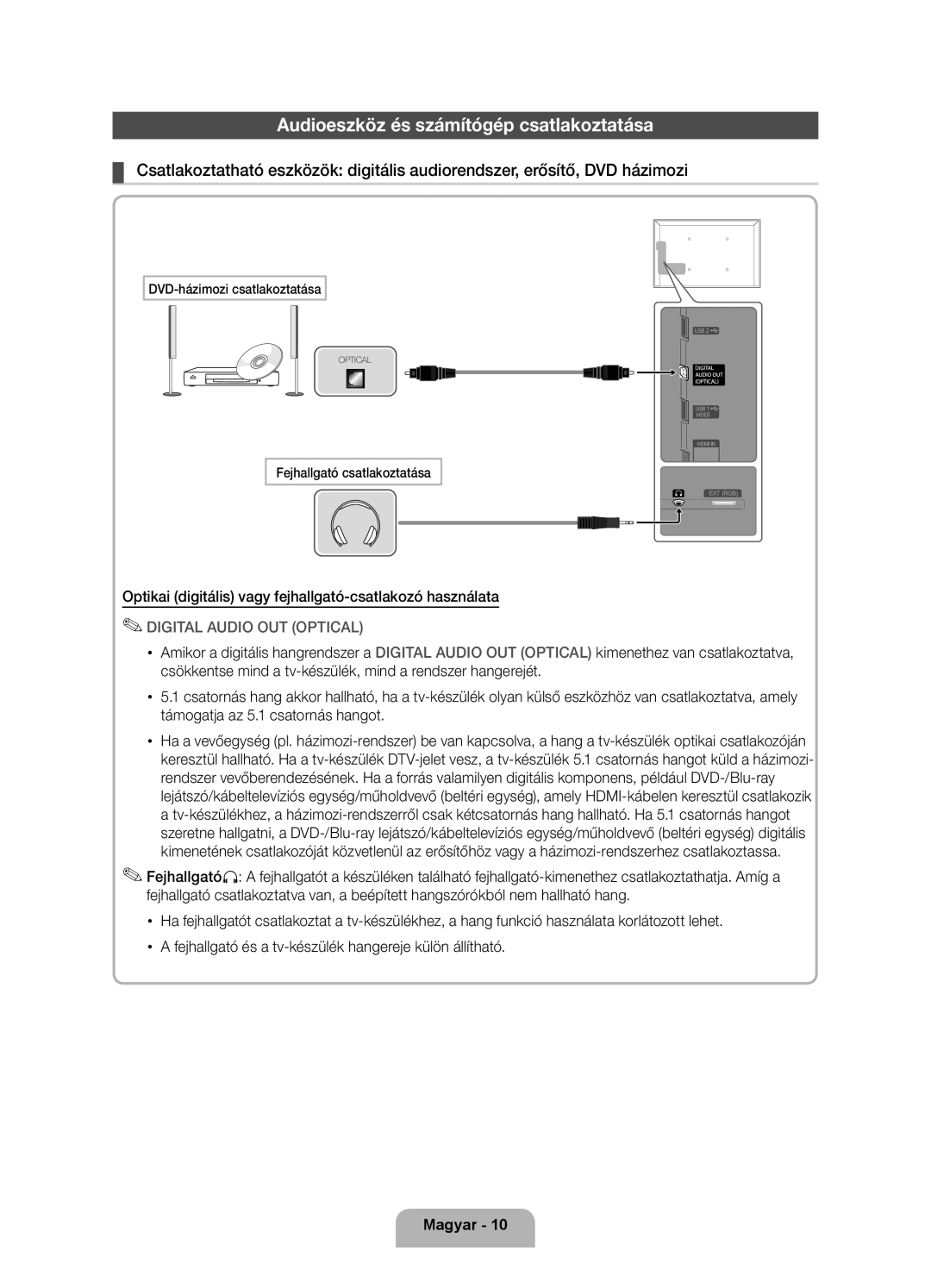 Samsung UE46D5500RWXXH Audioeszköz és számítógép csatlakoztatása, Optikai digitális vagy fejhallgató-csatlakozó használata 