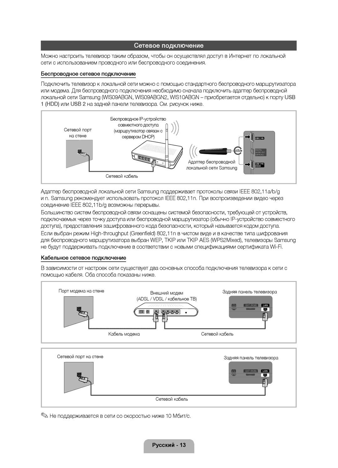 Samsung UE40D5500RWXXC, UE46D5500RWXXH, UE40D5500RWXXH manual Сетевое подключение, Сетевой кабель, Порт модема на стене 