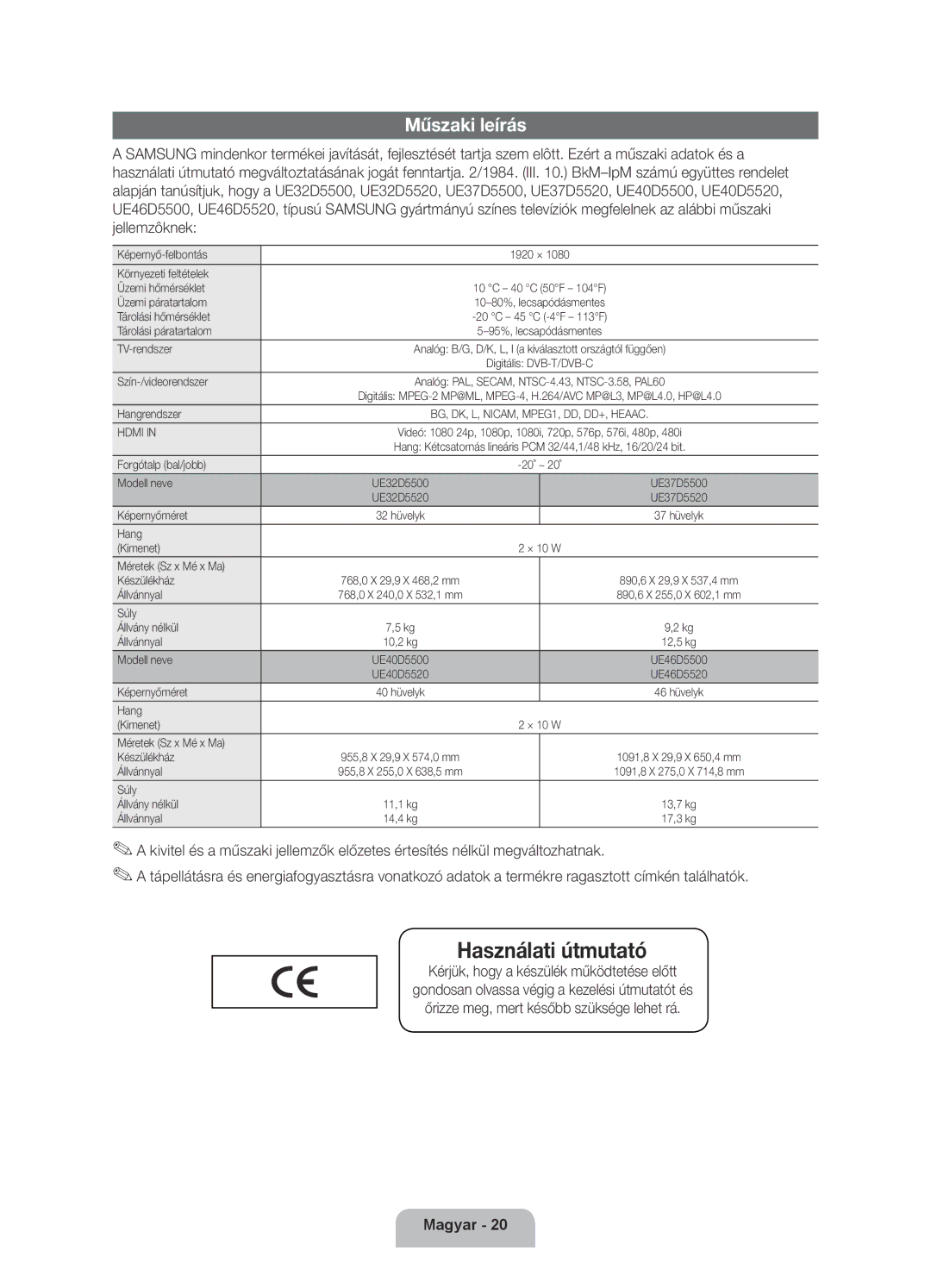 Samsung UE46D5500RWXXH, UE40D5500RWXXH, UE40D5520RWXXC manual Műszaki leírás, Kérjük, hogy a készülék működtetése előtt 