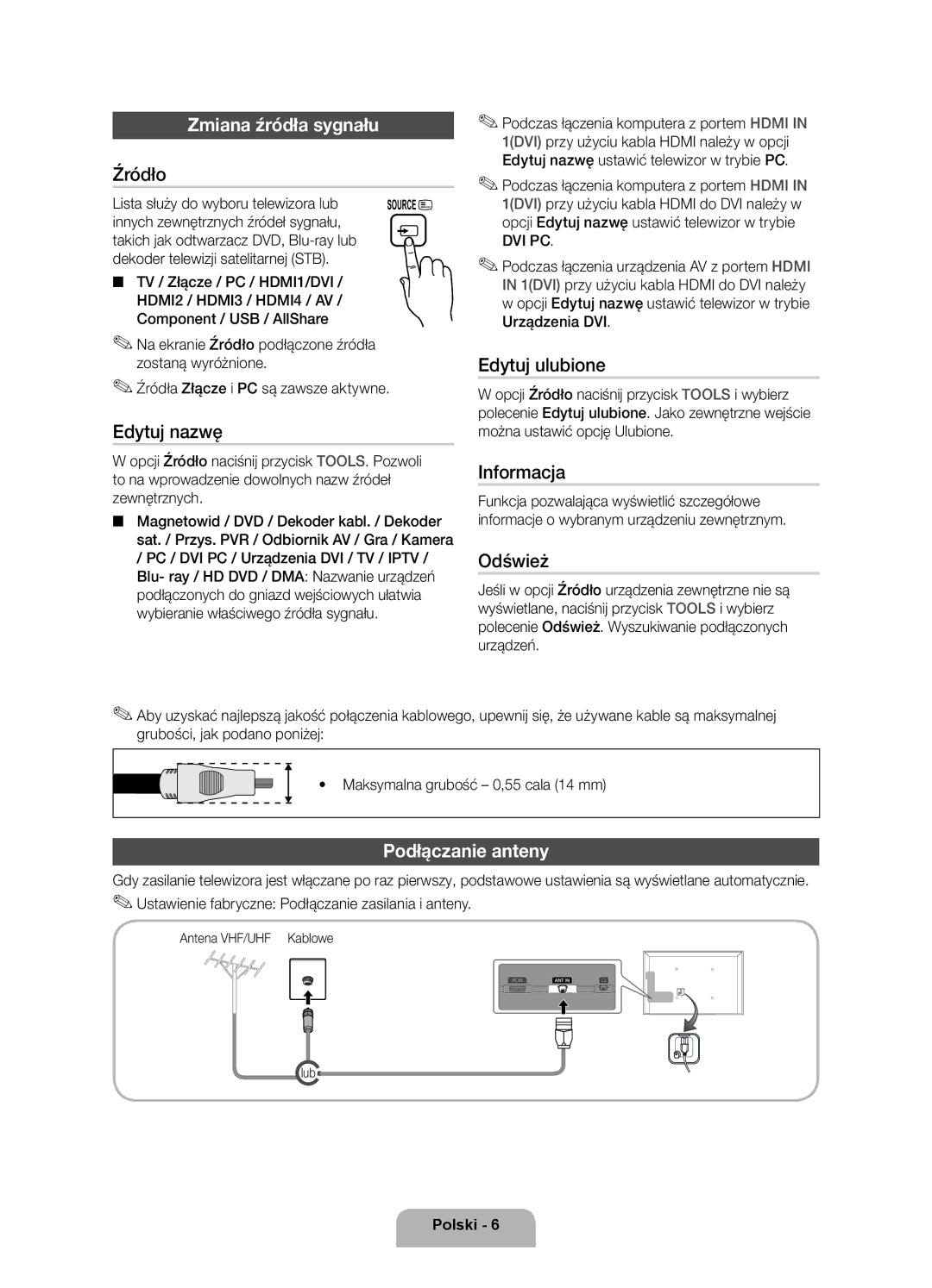 Samsung UE32D5520RWXXH, UE46D5500RWXXH, UE40D5500RWXXH, UE40D5520RWXXC manual Zmiana źródła sygnału, Podłączanie anteny 