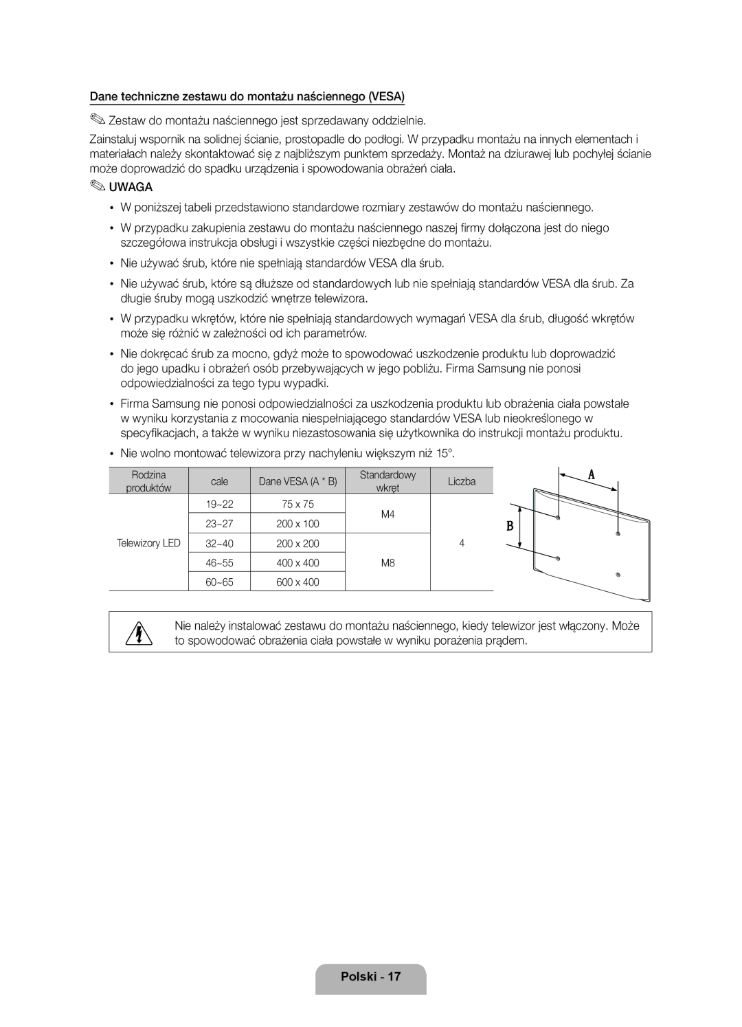 Samsung UE46D5520RWXXH manual Rodzina Cale, Standardowy Liczba, Dane Vesa a * B, Produktów Wkręt 19~22 75 x 23~27 200 x 