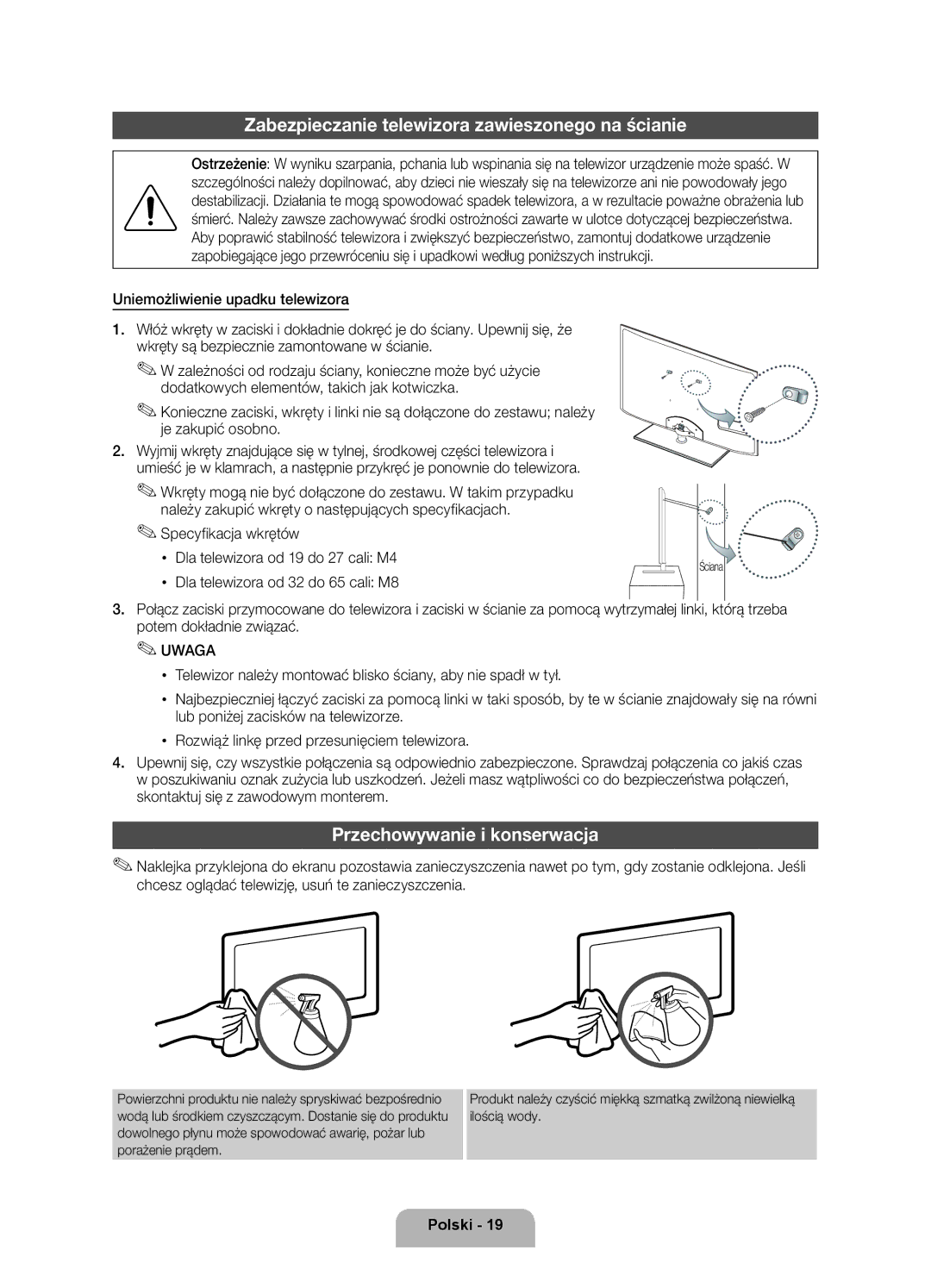 Samsung UE37D5520RWXXH manual Zabezpieczanie telewizora zawieszonego na ścianie, Przechowywanie i konserwacja, Ściana 