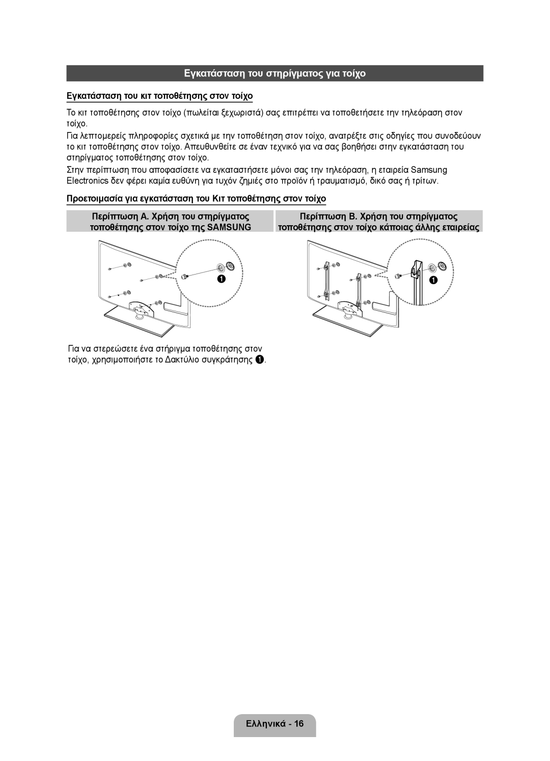 Samsung UE32D5520RWXXH, UE46D5500RWXXH, UE40D5500RWXXH, UE40D5520RWXXC, UE40D5500RWXXC Εγκατάσταση του στηρίγματος για τοίχο 