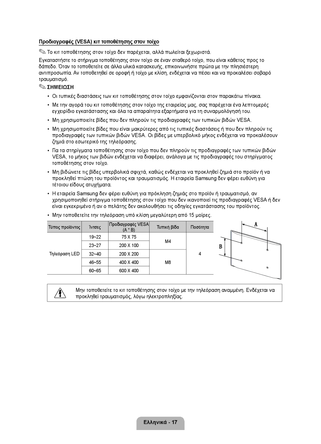 Samsung UE46D5520RWXXH manual Ίντσες, Τυπική βίδα Ποσότητα 19~22, Τύπος προϊόντος, Προδιαγραφές Vesa, 200 X Τηλεόραση LED 