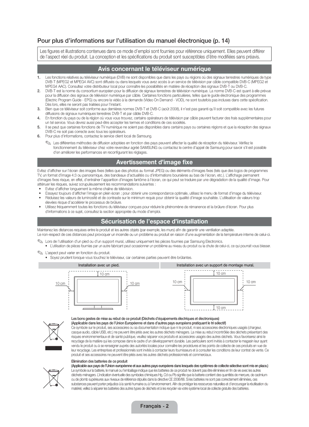 Samsung UE32D5500RWXXC, UE46D5500RWXXH, UE40D5520RWXXC Avis concernant le téléviseur numérique, Avertissement d’image fixe 