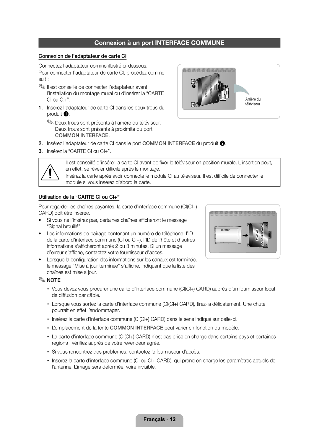 Samsung UE40D5500RWXXC Connexion à un port Interface Commune, Insérez l’adaptateur de carte CI dans les deux trous du 