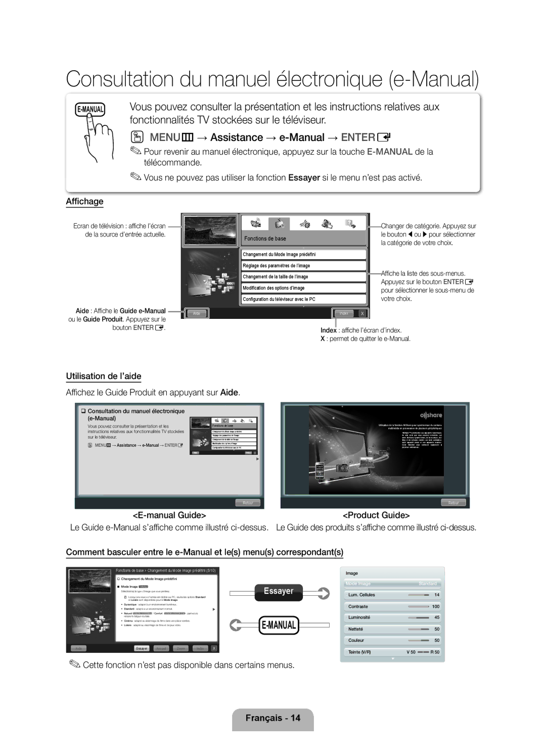 Samsung UE32D5500RWXXC MENUm→ Assistance → e-Manual → Entere, Cette fonction n’est pas disponible dans certains menus 