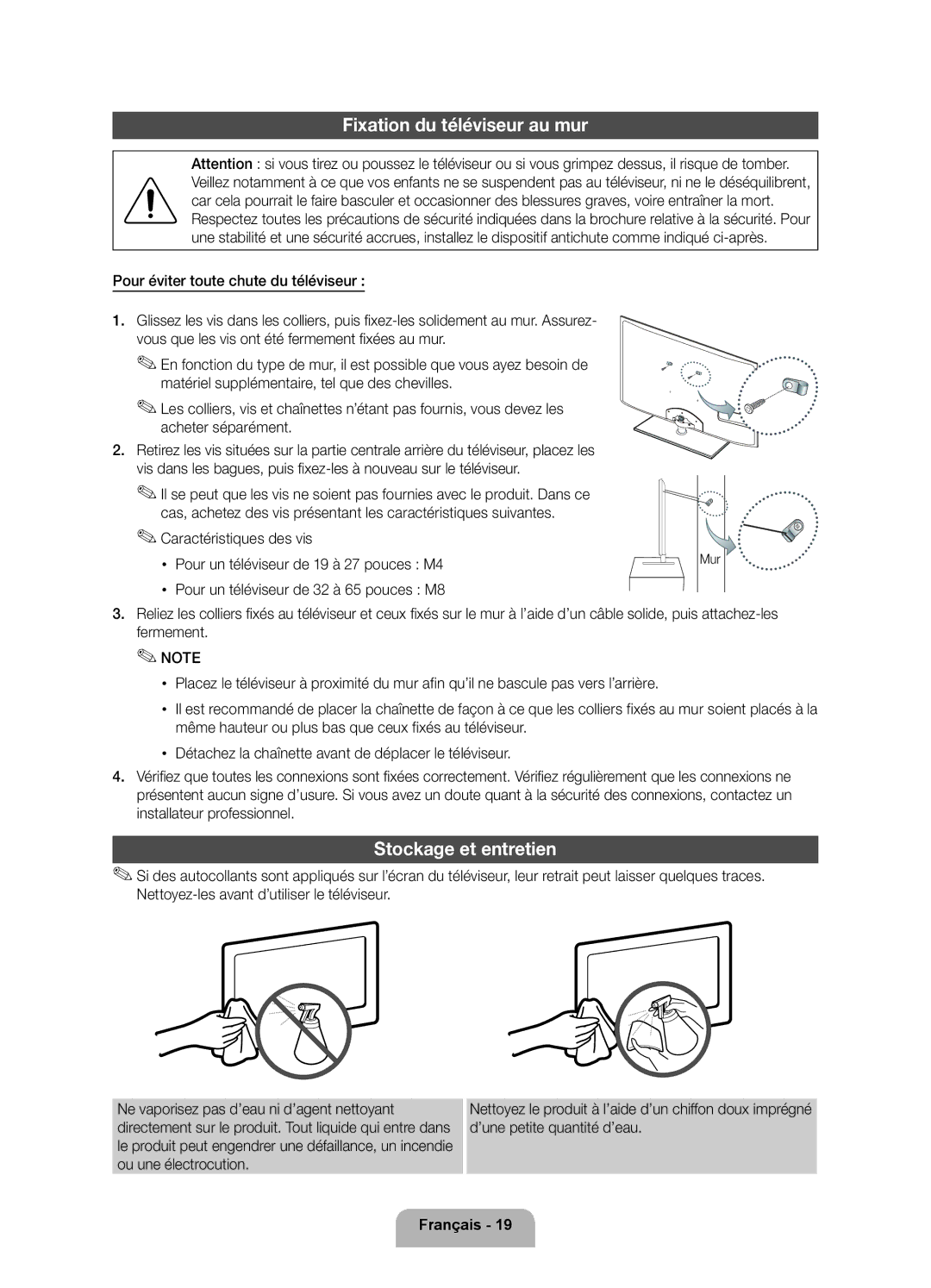 Samsung UE37D5500RWXXC, UE46D5500RWXXH, UE40D5520RWXXC manual Fixation du téléviseur au mur, Stockage et entretien, Mur 