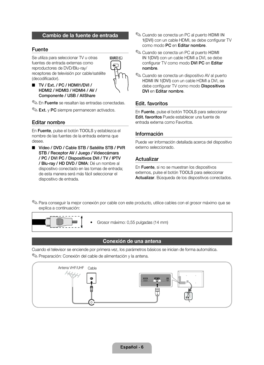 Samsung UE32D5500RWXXC, UE46D5500RWXXH, UE40D5520RWXXC manual Cambio de la fuente de entrada, Conexión de una antena 