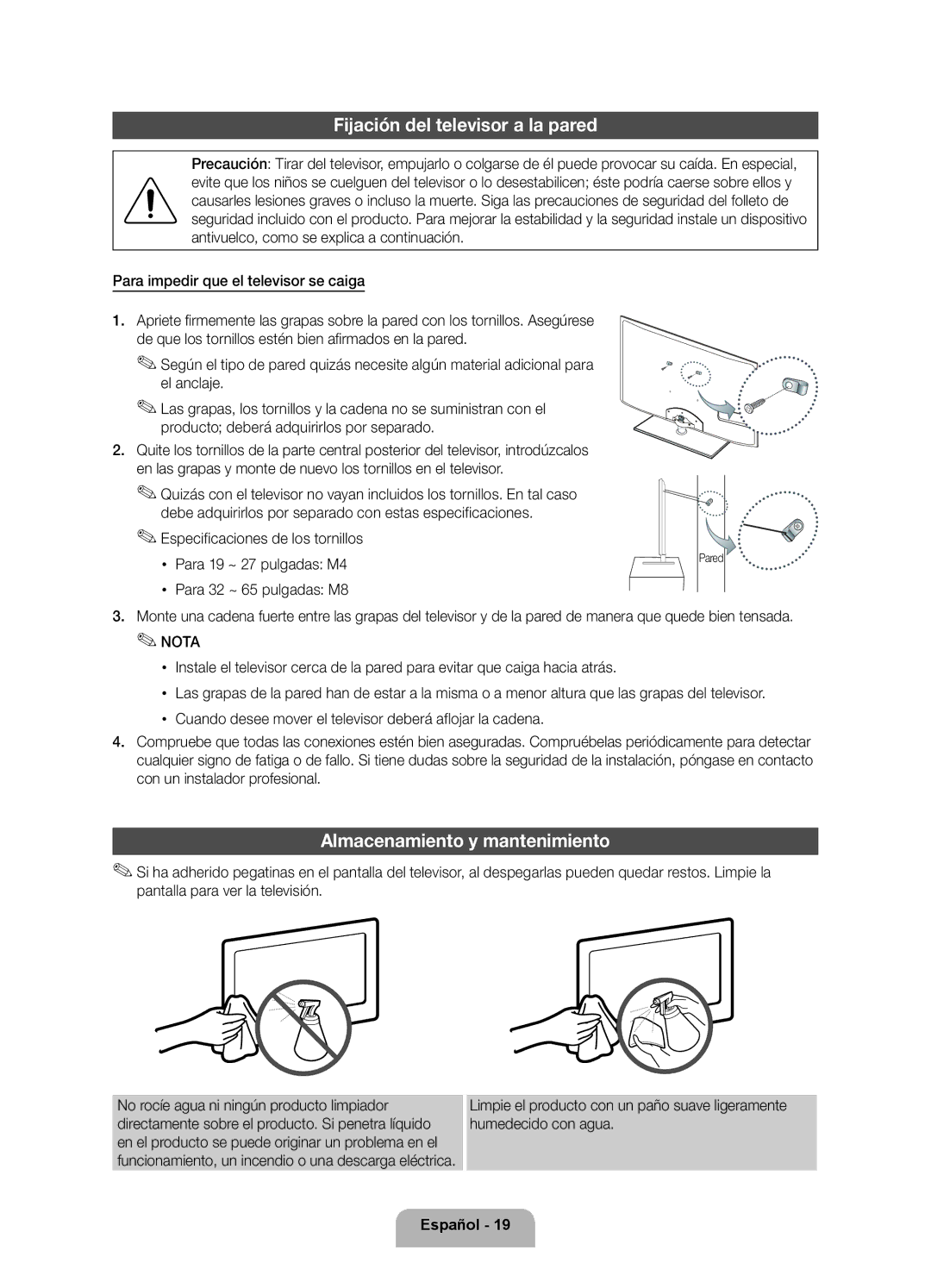 Samsung UE46D5500RWXXC, UE46D5500RWXXH, UE40D5520RWXXC Fijación del televisor a la pared, Almacenamiento y mantenimiento 