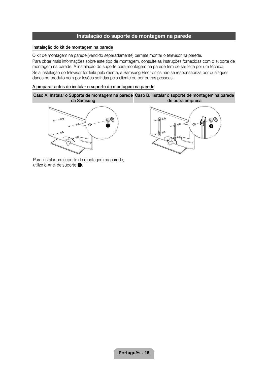 Samsung UE32D5500RWXXC, UE46D5500RWXXH, UE40D5520RWXXC, UE40D5500RWXXC manual Instalação do suporte de montagem na parede 