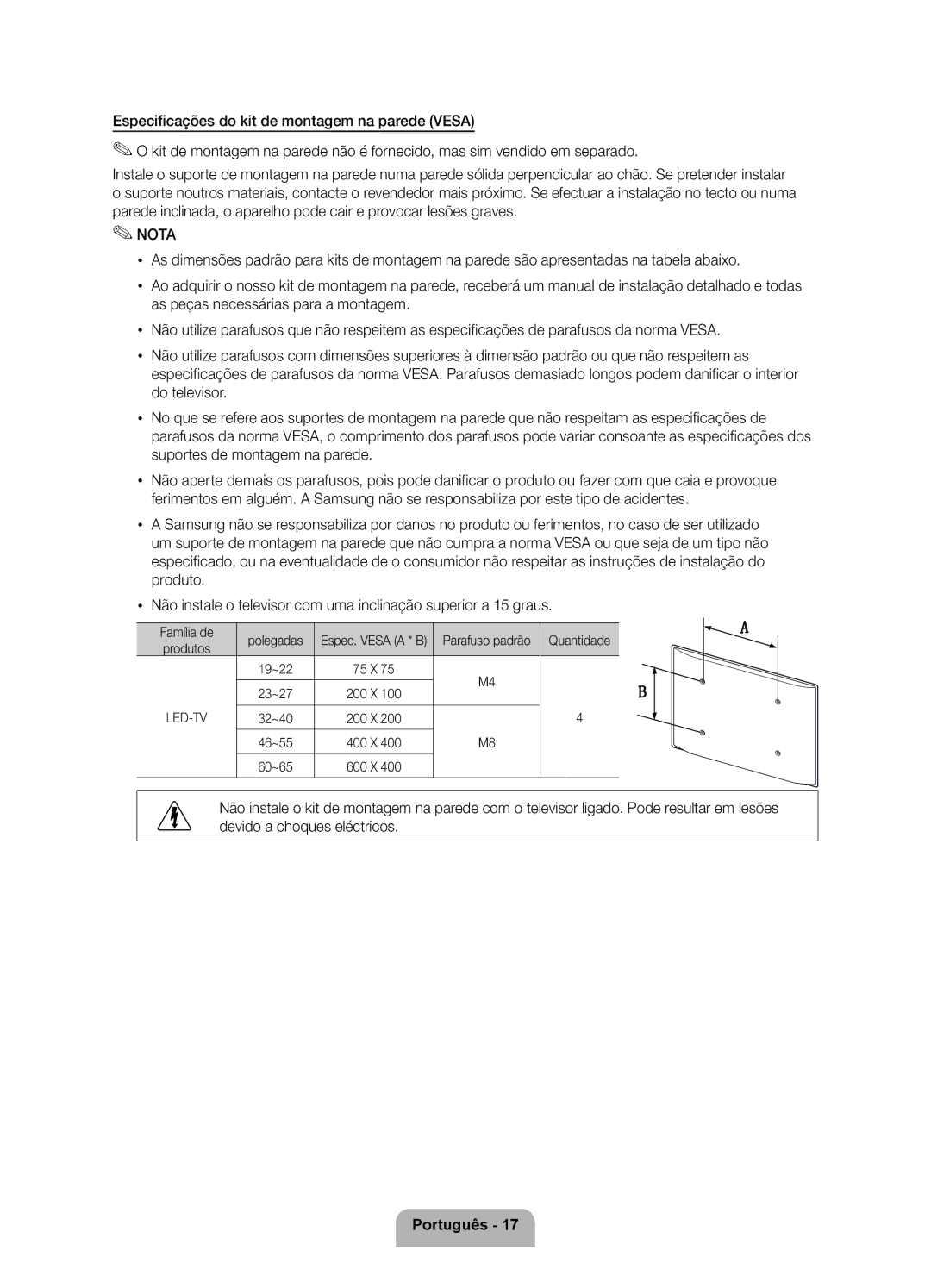 Samsung UE46D5500RWXXC, UE46D5500RWXXH, UE40D5520RWXXC, UE40D5500RWXXC, UE37D5500RWXXC manual Espec. Vesa a * B, Produtos 