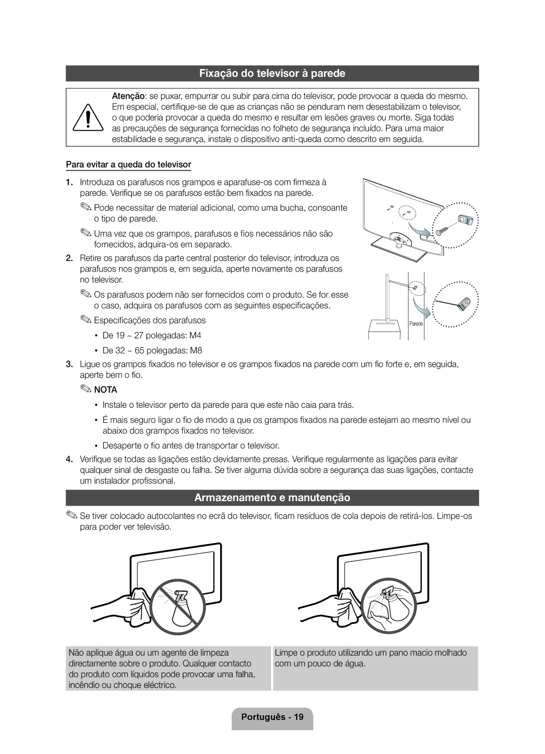 Samsung UE40D5520RWXXC Fixação do televisor à parede, Armazenamento e manutenção, Para evitar a queda do televisor, Parede 